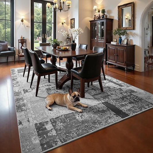 LOCHAS Rug for Living Room, Washable Soft Area Rugs for Bedroom 9x12, Abstract Carpet for Indoor Office Kids Dining Room Nursery Floor, Grey Geometric Vintage Home Decor, Non Slip, Pet Child Friendly