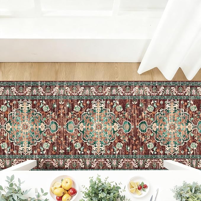 U'Artlines 3' x 20' Boho Hallway Runner Rug, Rust Non Slip Washable Vintage Farmhouse Accent Rug Carpet for Kitchen Entryway Laundry and Living Room (Rust&Teal)