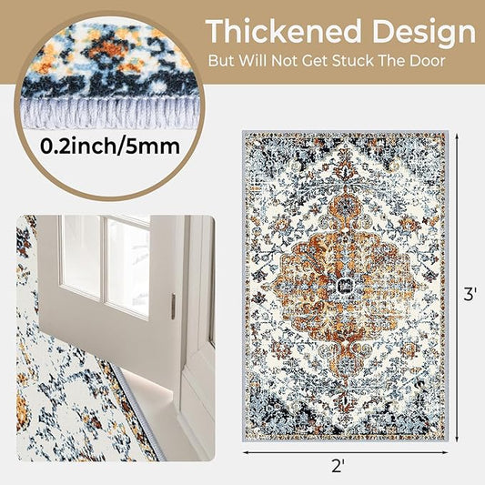 Small Area Rug 2x3ft Entryway Rug Non-Slip Vintage Washable Area Rugs Indoor Door Mat, Boho Faux Wool Carpet Kitchen Rugs with Rubber Backing for Bedroom, Kitchen, Room Entryway