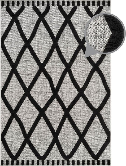 CAMILSON Modern Rug 10x14 Luxury Diamond Pattern Large Micro Loop Area Rugs Soft High-Low Pile Stain Resistant Easy to Clean Non-Shedding Durable Living Room Bedroom Indoor Carpet (Black/Gray)