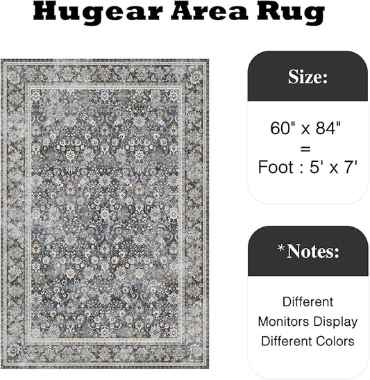 HUGEAR 5x7 Machine Washable Rugs Black Grey Hallway Area Rug Indoor Accent Rug Floral Low Pile Carpet Soft Throw Aesthetic Rug Bedroom Living Room Office Dining Room Kitchen Laundry Room Non Slip