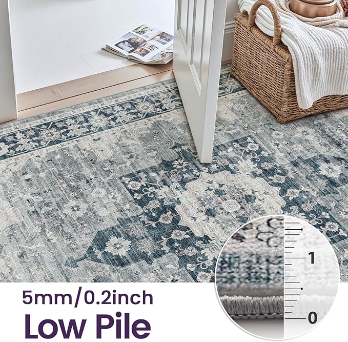 DEXI 5x8 Area Rug for Living Room, Washable Vintage Farmhouse Thin Rug Indoor Floor, Non Slip Stain Resistant Low Pile Carpet for Dining Room Bedroom Office, Blue Grey