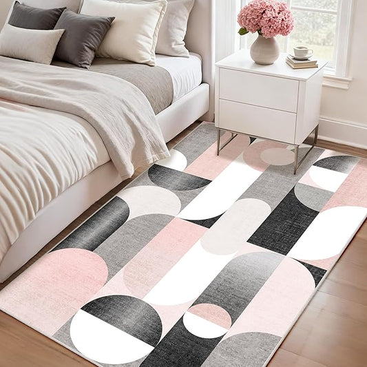 Pink Rug 3x5 Washable Area Rugs for Bedroom Living Room Kitchen Entryway Bedside,Modern Non Slip Carpet,Small Blush Grey Black