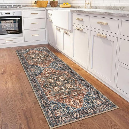 KOZYFLY Runners for Hallways 2x6 Ft Washable Kitchen Runner Rug Boho Runner Rug for Entryway Indoor Printed Oriental Faux Wool Floor Carpet Runner for Bedroom Kitchen Hall, Red/Navy Blue/Brown