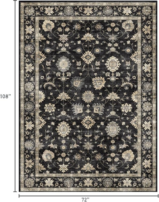 6x9 Area Rug for Living Room - Large Traditional Floral Washable Rugs for Bedroom Non-Slip Charcoal Black Moody Farmhouse Dining Room Rug Low-Pile Carpet Soft Vintage Rug for Office Guest Room