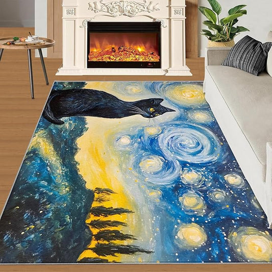 Black Cat Rugs for Bedroom - 5x7 Area Rug - Starry Sky Countryside Rugs for Living Room, Vintage Oil Painting Art Rug, Washable Home Decor Carpet