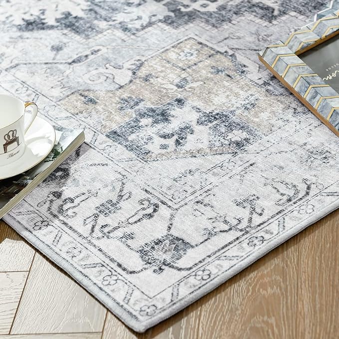 jinchan Kelda Living Room Area Rug 10x12 Washable Rug Vintage Indoor Large Floor Cover Distressed Lightweight Non-Slip Low Pile Thin Mat Stain Resistant Carpet for Bedroom Dining Room Office Grey