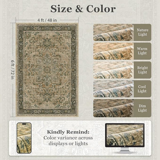 Vintage Medallion 4x6 Area Rugs for Living Room, Washable Non Slip Bedroom Bedside Throw Rug, Distressed Printed Low Pile Carpet for Entryway/Home Office/Kitchen, Multi Brown/Green