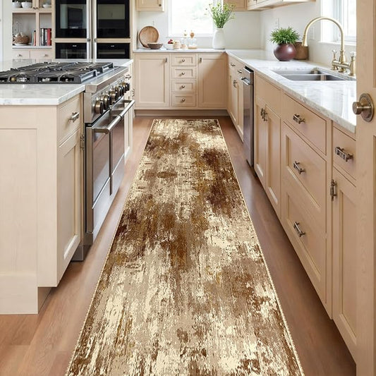 Washable Area Rugs 2'x10' Non-Slip Modern Abstract Soft for Living Room Entryway Bedroom Nursery, Print Pattern, Brown Tan Beige Coffee