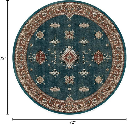 RUGGABLE Washable Vintage Area Rug – Verena Teal Blue 6 ft Round, Stain-Resistant, Non-Slip – Medium Machine Washable Rugs for Living Room, Bedroom, Hallway, Entryway & Office–with Cushioned Pad