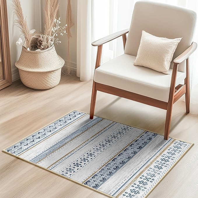 BESTSWEETIE 2x3 Area Rugs for Living Room Washable Moroccan Farmhouse Neutral Geometric Low Pile Non-Slip Soft Print Pattern Rug for Bedroom Kitchen Dining Room Entryway Blue/Brown