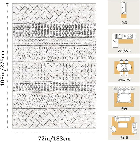 6x9 Machine Washable Area Rug for Living Room, Grey White Vintage Moroccan Rug Large Non-Slip Low Pile Soft Faux Wool Carpet, Kids and Pets Friendly for Bedroom Dining Room Farmhouse Home Decor Rug