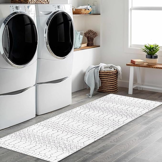 Lahome Moroccan Small Runner Rug 2x5 Rug Runner Non-Slip Washable Rug Runner Throw Lightweight Hallway Rugs Indoor Laundry Room, Geometric Print Carpet Runners for Bedroom Kitchen (White, 2'x5')