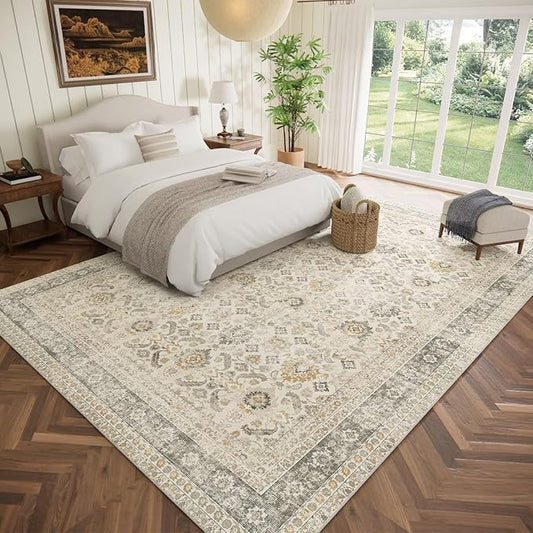 Washable 9x12 Area Rugs for Living Room, Boho Non-Slip Vintage Distress Lager Rugs for Bedroom Dining Room Nursery Office, 0.3" Neutral Oriental Throw Thin Carpet, Grey/Beige/Orange/Multi