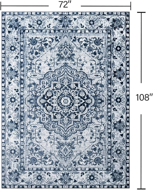 YJ.GWL Area Rugs for Living Room 6x9 Machine Washable Rugs, Non Slip Floral Vintage Rug Indoor Carpet, Stain Resistant Large Rug for Bedroom Dining Room, Navy Blue