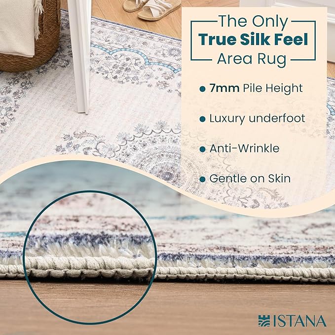Istana Hallway Runner Rug 2.5x8 – Pink Beige Whisper/Grey/Blue Entryway Rug -Silk's Soft Touch Runners for Hallways - Stylish Kitchen Runner Rug Non Slip