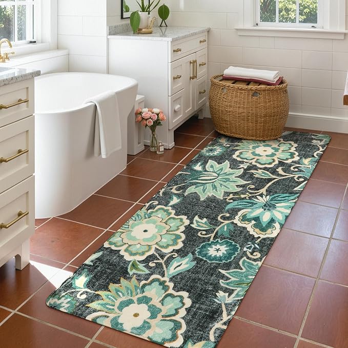 Lahome Floral Small Runner Rug - 2x5 Laundry Rug Runner Non-Slip Washable Soft RoomThrow Lightweight Hallway RCarpet ugs Indoor, Boho Blue Paisley Carpet for Bathroom Kitchen Entryway
