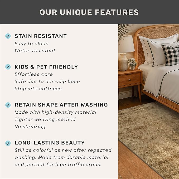 Farmhouse 8x10 Rugs for Living Room - Brown and Gold Dining Room Area Rugs for Bedroom, Washable, Soft, Lightweight & Stain Resistance, Neutral Dark Vintage Medallion Decor