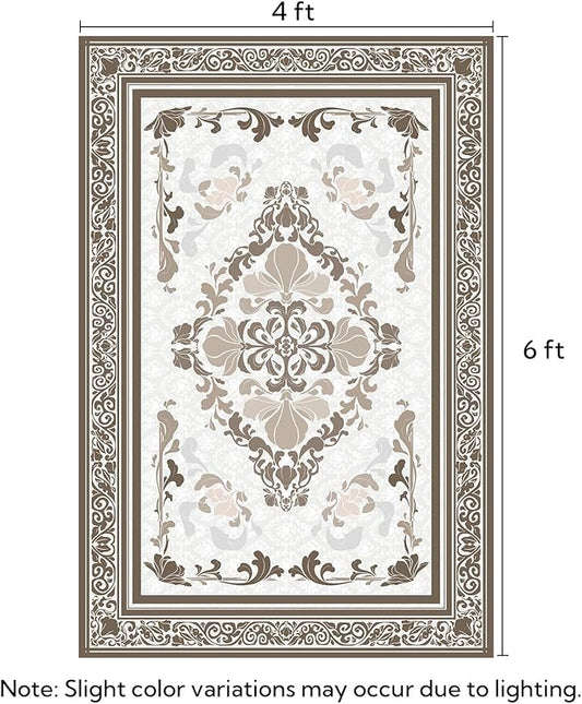SOULFUL Medium Pile 4x6 Rugs for Living Room - Soft Foot Feel Area Rug - Brown Boho Floral - Washable Non-Slip - Perfect for Bedroom Kids Room Under Dining Table Office