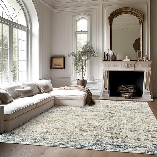 Washable Area Rug 8x10, Large Soft Rugs for Living Room Vintage 8x10 Area Rugs for Bedroom Dining Room Non-Slip Stain Resistant Under Table Blue Ivory Rug