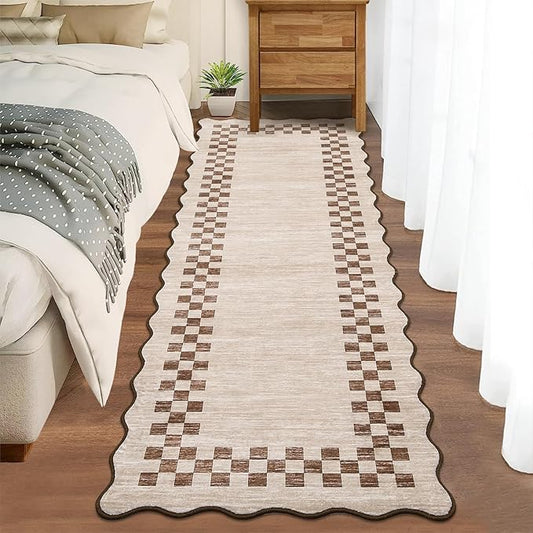 GarveeHome Hallway Runner Rug 2x6 Non Slip Scalloped Washable Rug for Kitchen Entry Stain Resistant Modern Border Throw Floor Carpet Long Runner Mat for Bathroom Living Room Bedside, Beige