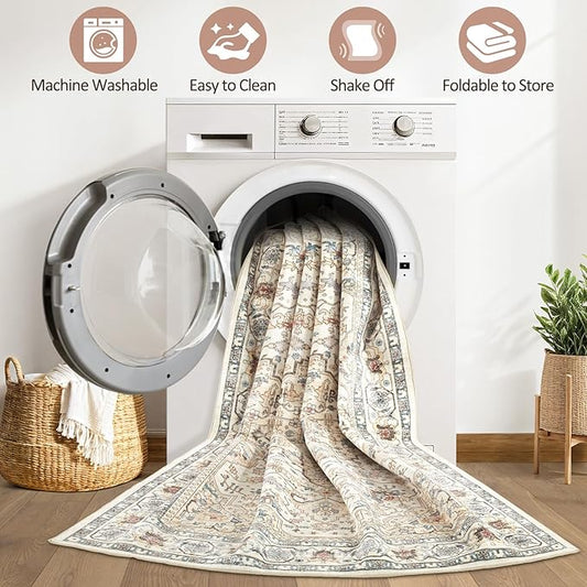 Runner Rug Kitchen Washable Rugs: 3x10 Non-Slip Boho Soft Vintage Stain Resistant Indoor Floor Neutral Farmhouse Throw Carpet for Hallway Bathroom Laundry Room Entryway Bedroom- Cream
