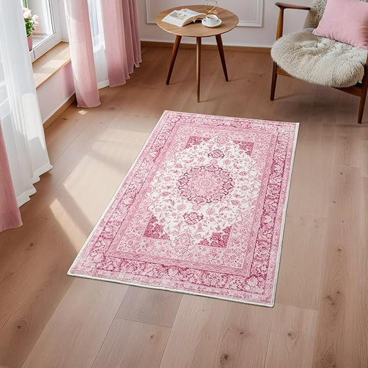 2x3 Bright Pink Area Rug for Entryway, Small Washable Rugs with Non-Slip Backing for Girls Bedroom, Cute Vintage Throw Carpet Kitchen Laundry Front Door Decor
