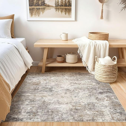 Square Area Rugs : Washable 5x5 Neutral Modern Abstract Carpet for Living Room Bedroom - Soft Floor Mat with Non Slip Backing for Kitchen Nursery Dorms Farmhouse Home Decor - Brown Grey