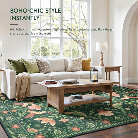 Moynesa Area Rugs 9x12 Green Vintage Home Decor, Modern Cottage Farmhouse Aesthetic Floral Bird Medallion Carpet for for Living Room Bedroom Dining Room,Non-Slip Washable Floor Protection