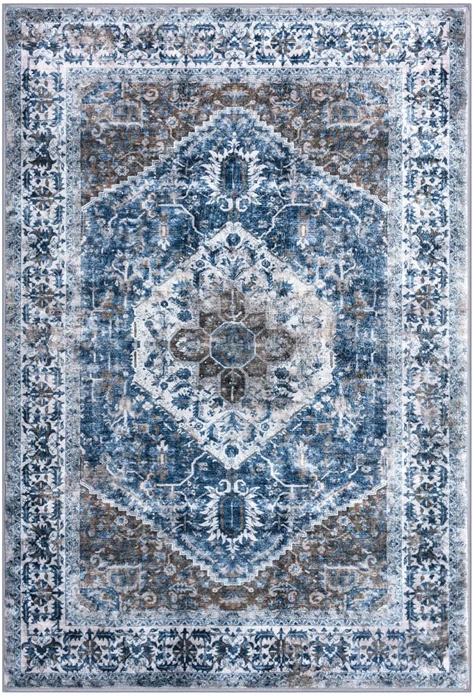 KOZYFLY Boho Area Rug 9x12 Ft Thin Rugs for Living Room Washable Bedroom Rug Non Slip Rugs for Living Room Blue Printed Faux Wool Vintage Bedroom Rug Floor Carpet for Dining Room