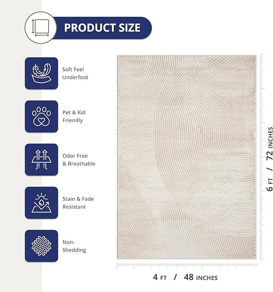 Abani Neutral Beige Area Rug 4' x 6' for Living Room, Bedroom - Zen Reiki Circles Pattern - Durable & Easy to Clean