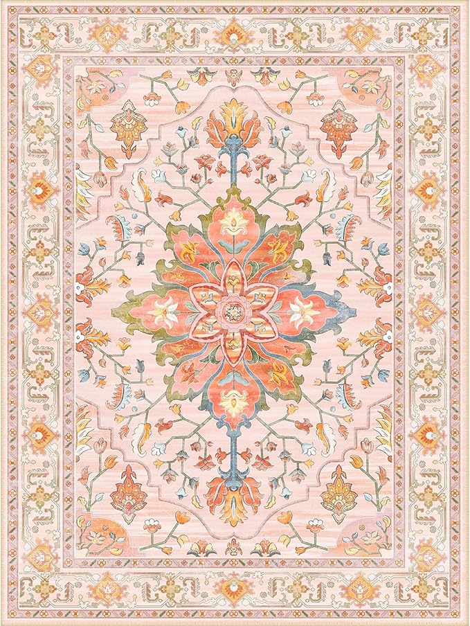 Area Rugs 2'6''x12' Washable Non-Slip, Floral Vintage Distress Print Pattern Medallion Carpet for Living Room Bedroom Dining Room, Light Pink Colorful