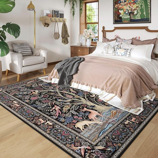Rugcomf Area Rugs 5x7 Vibrant Tree of Life-Patterned Vintage Washable Area Rug Non Slip Low Pile Large Rugs for Living Room Bedroom Farmhouse Dining Room Kids Playroom, Black