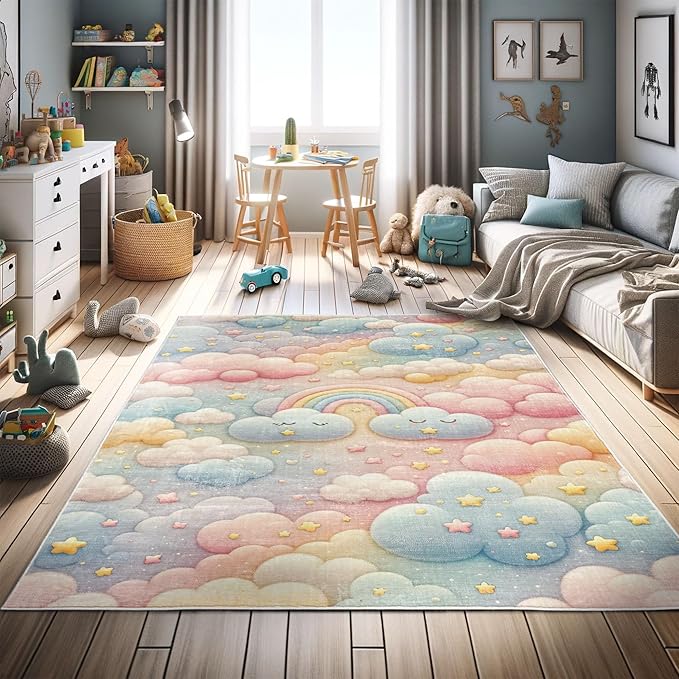Ambesonne Cartoon Sky Decorative Rug, Dreamy Colors Celestial Atmosphere with Starry Kawaii Clouds Rainbow, Quality Carpet for Bedroom Dorm and Living Room, 5' 1" X 7' 5", Blush Mustard Blue