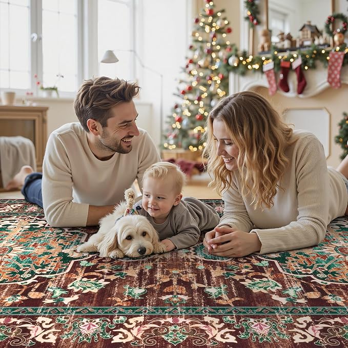 U'Artlines 3' x 10' Boho Hallway Runner Rug, Rust Non Slip Washable Vintage Farmhouse Accent Rug Carpet for Kitchen Entryway Laundry and Living Room (Rust&Teal)