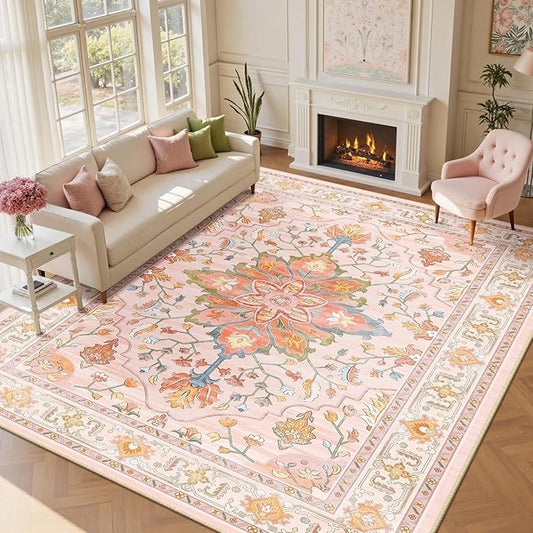 Area Rugs 9'x12' Washable Non-Slip, Floral Vintage Distress Print Pattern Medallion Carpet for Living Room Bedroom Dining Room, Light Pink Colorful