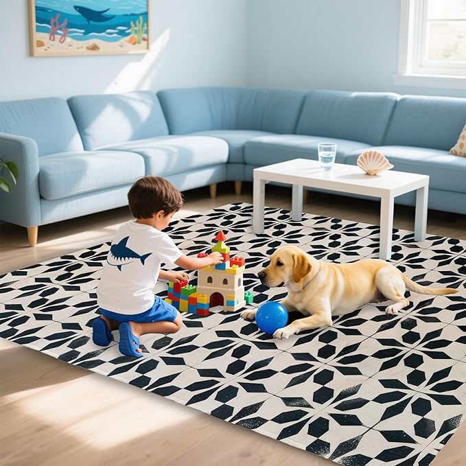 Black Beige Vintage Washable 5x7 Area Rugs for Living Room, Thin Low Pile Contemporary Carpet, Non-Slip Base Lightweight Rug