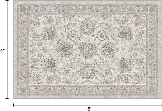 Phantoscope Washable Area Rug 4'x6' Non-Slip, Vintage Neutral Rugs for Living Room, Bedroom, Dining Room, Distressed Boho Floral Medallion Pattern, Low-Pile Foldable Floor Carpet, Cream Beige/Neutral