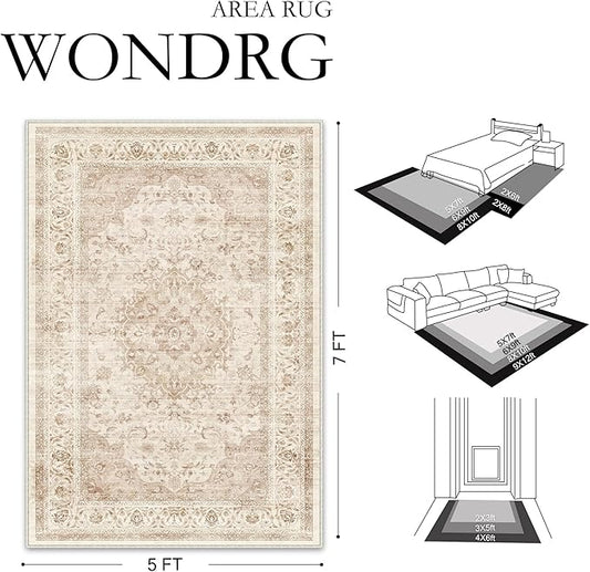 10x12 Beige Washable Vintage Area Rug for Living Room Bedroom Soft Tranditional Non Slip Large Throw Rug Lightweight Floral Low Pile Distressed Carpet Bedroom Playroom Classroom Office