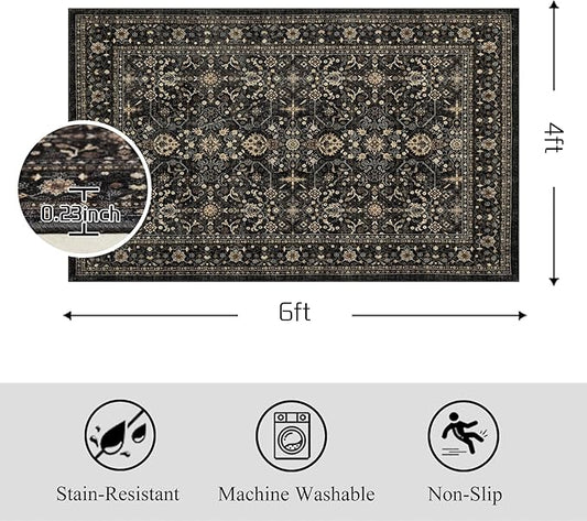 Area Rug Non Slip Machine Washable Ultra Soft Living Room/Bedroom/Kitchen/Outdoor/Classroom Black Grey, 4'×6'