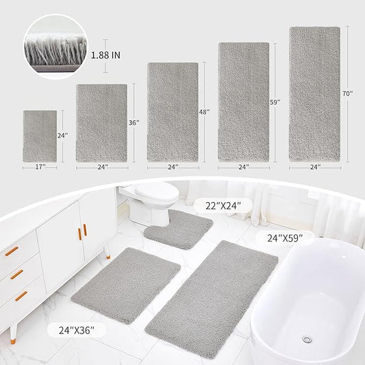 Gray Bathroom Runner Rug 24x70 Non Slip Fluffy Long Bath Mat for Bathroom Floor Washable Plush Luxury Bath Rug for Tub Absorbent Shower Sink Mat Bedside Rug