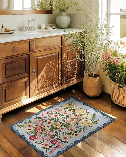 Door Mat Entrance 2x3 Rug - Floral Rugs Washable Small Area Rug Non-Slip Stain Resistant Low Pile Flower Print Throw Rugs for Indoor Entryway, Bedroom, Kitchen, Front Door, Entry - Blue