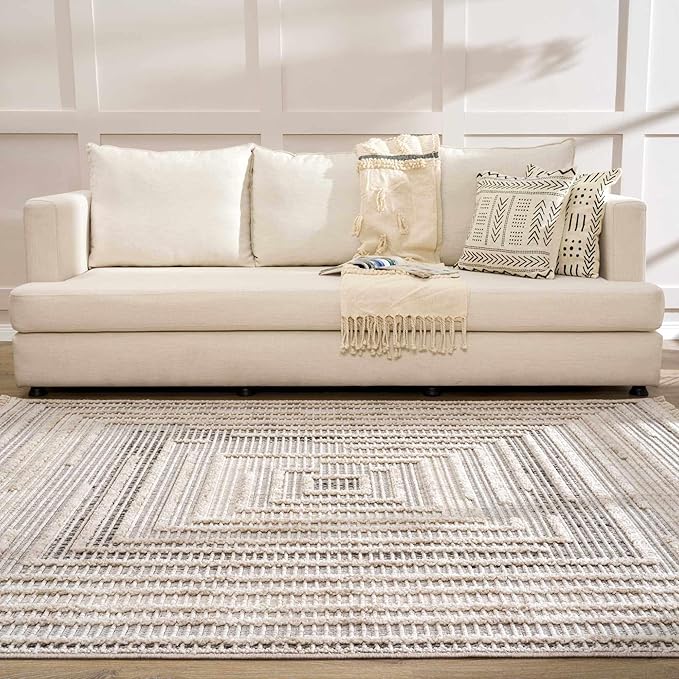 Hauteloom Lunao Living Room, Bedroom Area Rug - Geometric, Solid & Striped - Charcoal, Cream, Beige - 2' x 3'