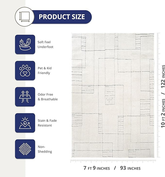 Abani Cream Area Rug – 8' x 10' – Oliver Collection – Geometric Linework Pattern – Non-Shedding, Easy to Clean – Durable for Living Room, Bedroom, or Office, Pet & Child Friendly