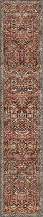 2x10 Runner Rug Machine Washable Boho Runners for Hallway,Ultra-Thin Low Pile Rug,Lightweight Indoor Carpet,Non Slip Floral Runners for Enrtyway, Corridor, Home Office, Kitchen,Burgundy Red