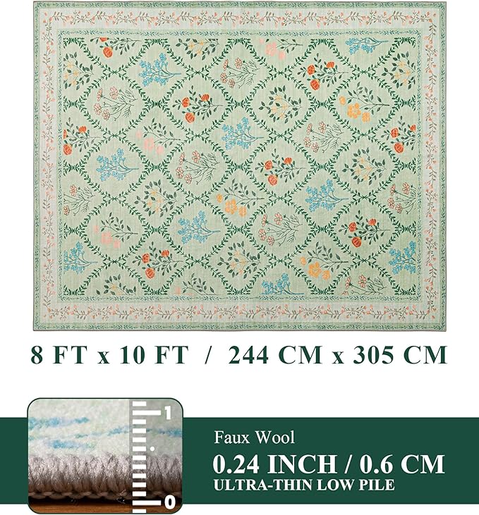 YIHOUSE 8x10 Washable Rug for Living Room, Green Floral Rugs for Bedroom Boho Area Rug Non Slip Ultra-Thin Large Rug for Kids Playroom, Classroom, Girls Dorm, Nursery, Green Multi