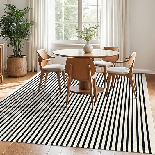 KOZYFLY Black and Beige Striped Rug 8x10 Ft Area Rug Washable Indoor Outdoor Rug Cotton Outdoor Patio Rugs Farmhouse Rugs for Living Room Carpet for Patio Dining Room Bedroom