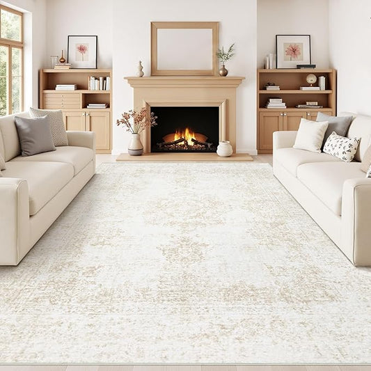 Vintage Living Room Area Rug - 8x10 Large Machine Washable Boho Moroccan Rug Distressed Farmhouse Rugs for Bedroom - Soft Non-Slip Indoor Carpet for Dining Room Office Nursery(Ivory, 8'x10')