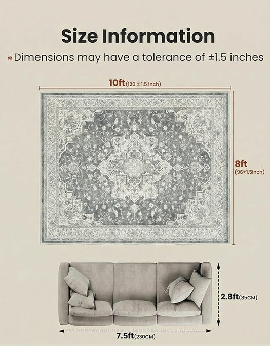 Marsail 8x10 Machine Washable Area Rug,Soft & Slip-Resistant, Vintage Floral Short-Pile with Reinforced Bound Edges, Large Rug for Living Room, Dining Room, Bedroom,Light Grey