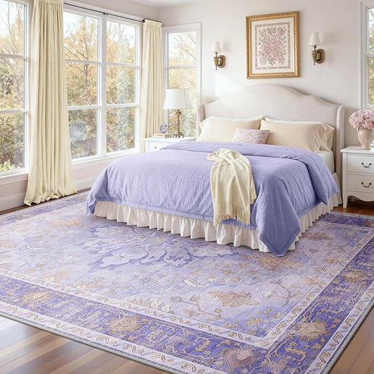 Area Rugs 9'x12' Washable Non-Slip, Floral Vintage Distress Print Pattern Medallion Carpet for Living Room Bedroom Dining Room, Light Purple Brown